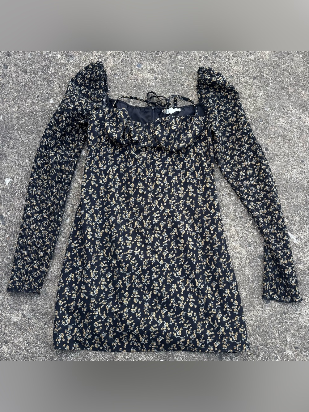 La Hearts Black Dress with Cream Floral Print and Puff Sleeves